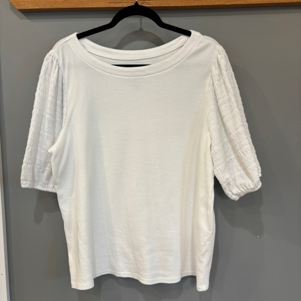 Croft & Barrow Womens XL White Cotton Smocked Puff Sleeve Crew Neck Top